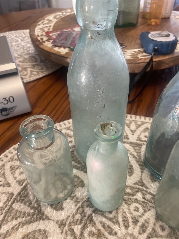 6 Vintage Blue Green Bottles
