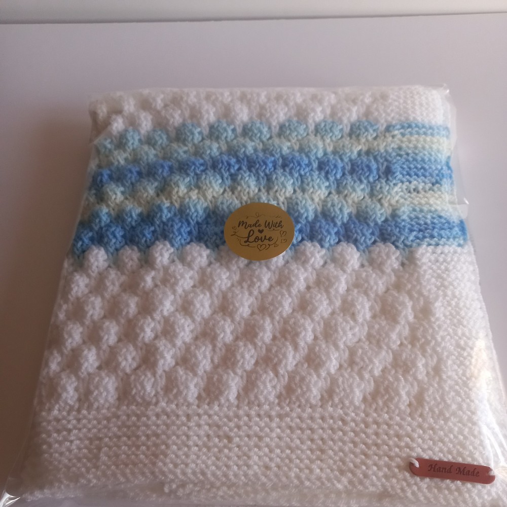 Hand Knitted White and Blue Baby Blanket