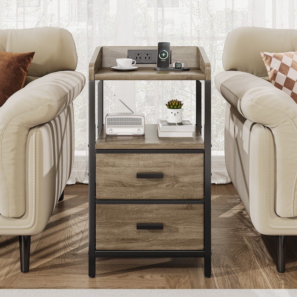 ༝Nightstand With Charging Station Modern Bedside End Side Table With Guardrail