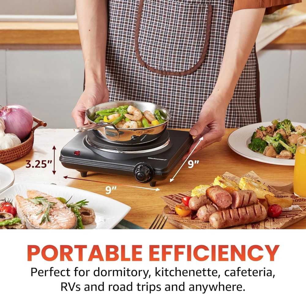 Single Cast Iron Hot Plate 1000W - Temp Control, Easy Clean, Indicator - Black