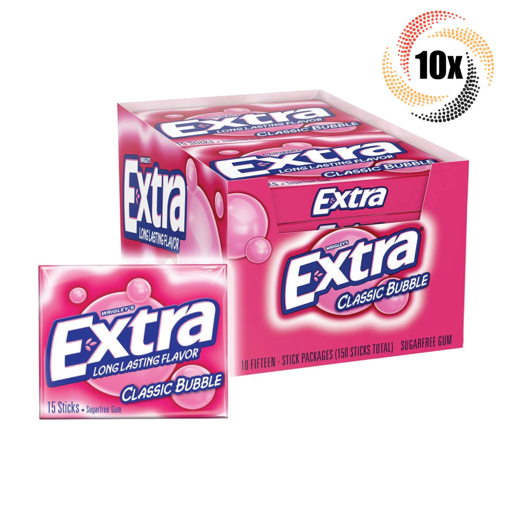 Full Box 10x Packs Wrigley's Extra Classic Bubble Gum | 15 Sticks Per Pack