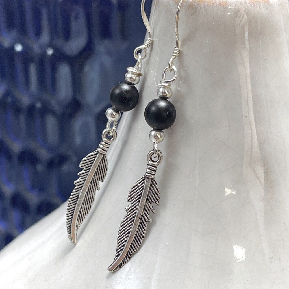 black onyx feather earrings