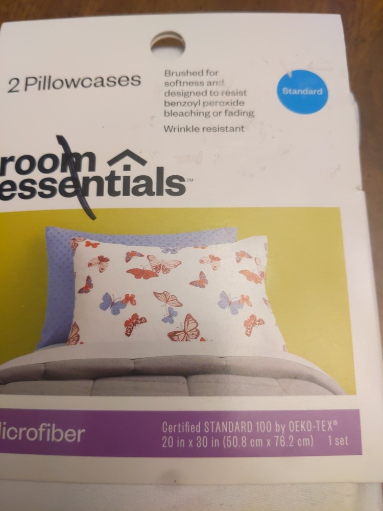 Room Essentials Brushed Microfiber Standard Sz. Butterfly & Dots Pillowcases (2)