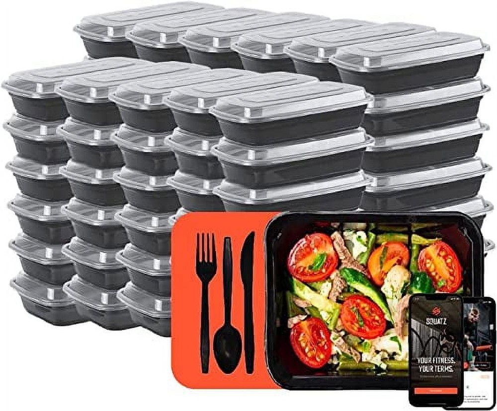 Microwavable Food Container W/ Utensil Set Black Rectangular Meal box storage W/