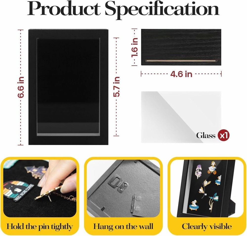 Black Lapel Pin Display Case, 4x6 Shadow Box Frame for Walls 4X6 1Pack,