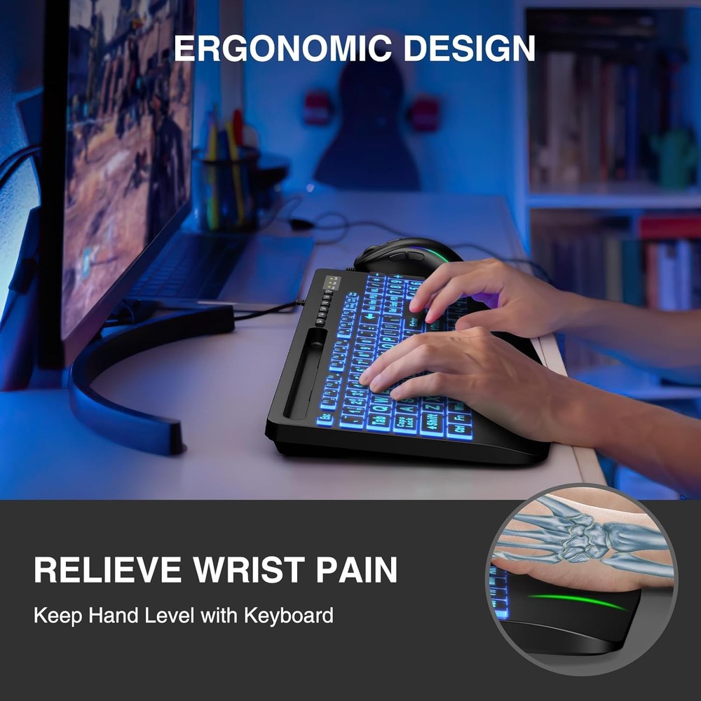 Large Print Backlit Keyboard, Wired USB Computer Keyboards with 7-Colors Backlig