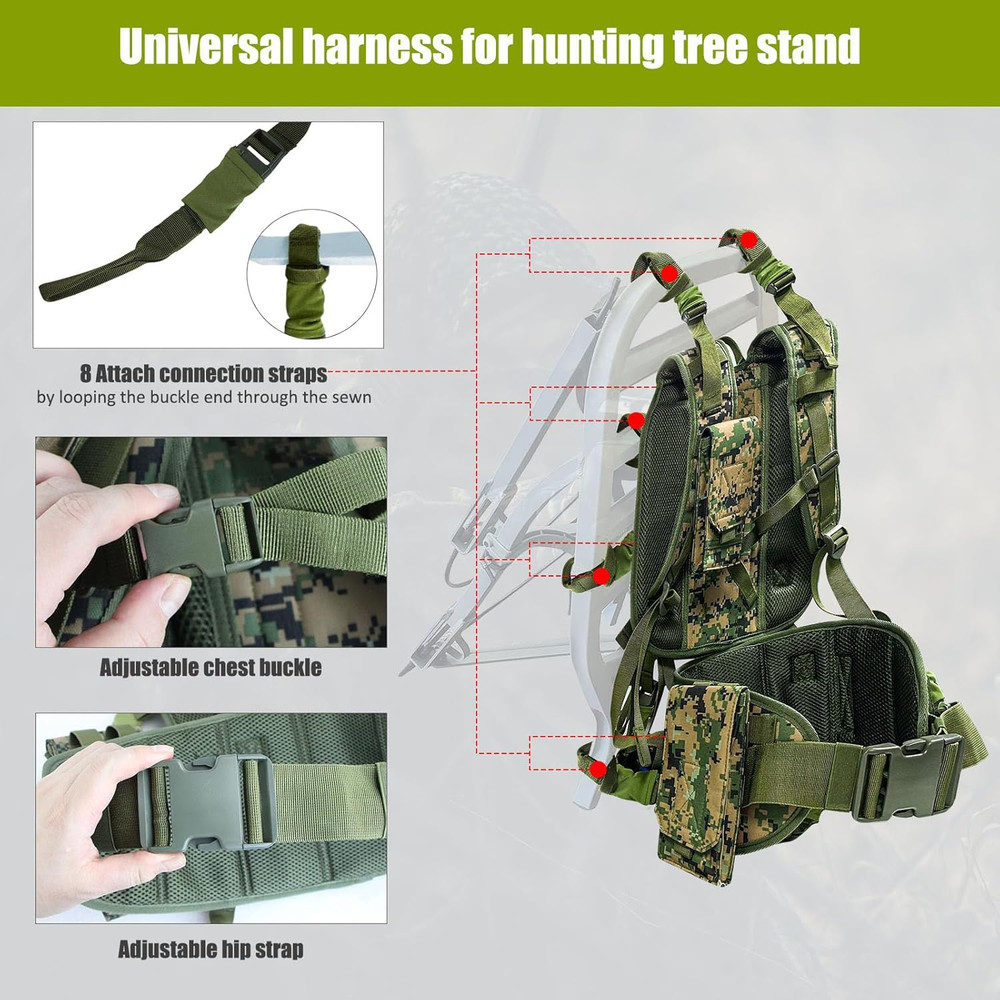 Tree Stand Carrier Backpack with Padded Straps, 8 Connection Points & 3 Pockets,