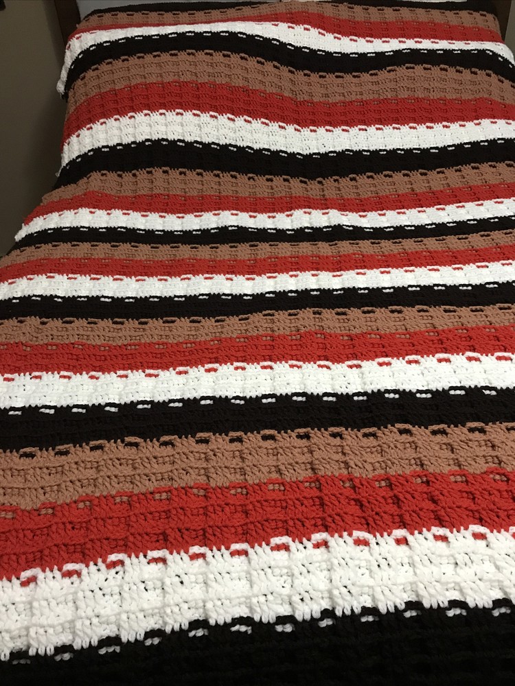 Vintage Afghan – Brown, White, Tan, & Orange -MINT