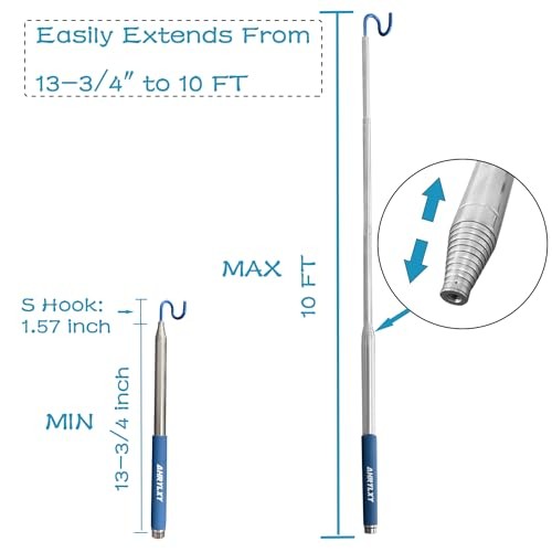 10 FT Telescoping Pickup Tool Magnetic Pole with Hook, Telescopic Two-hooks