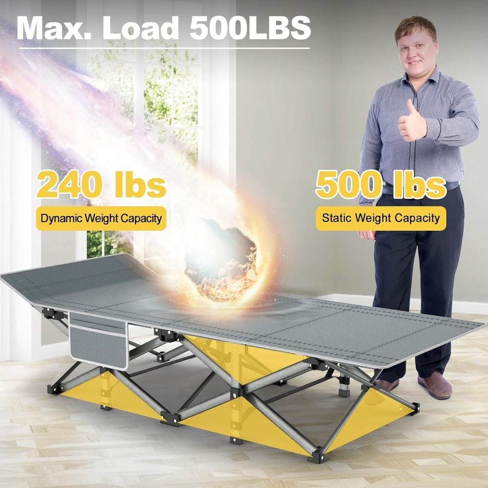 Black folding camp bed with mattress, 800 lb. maximum load capacity
