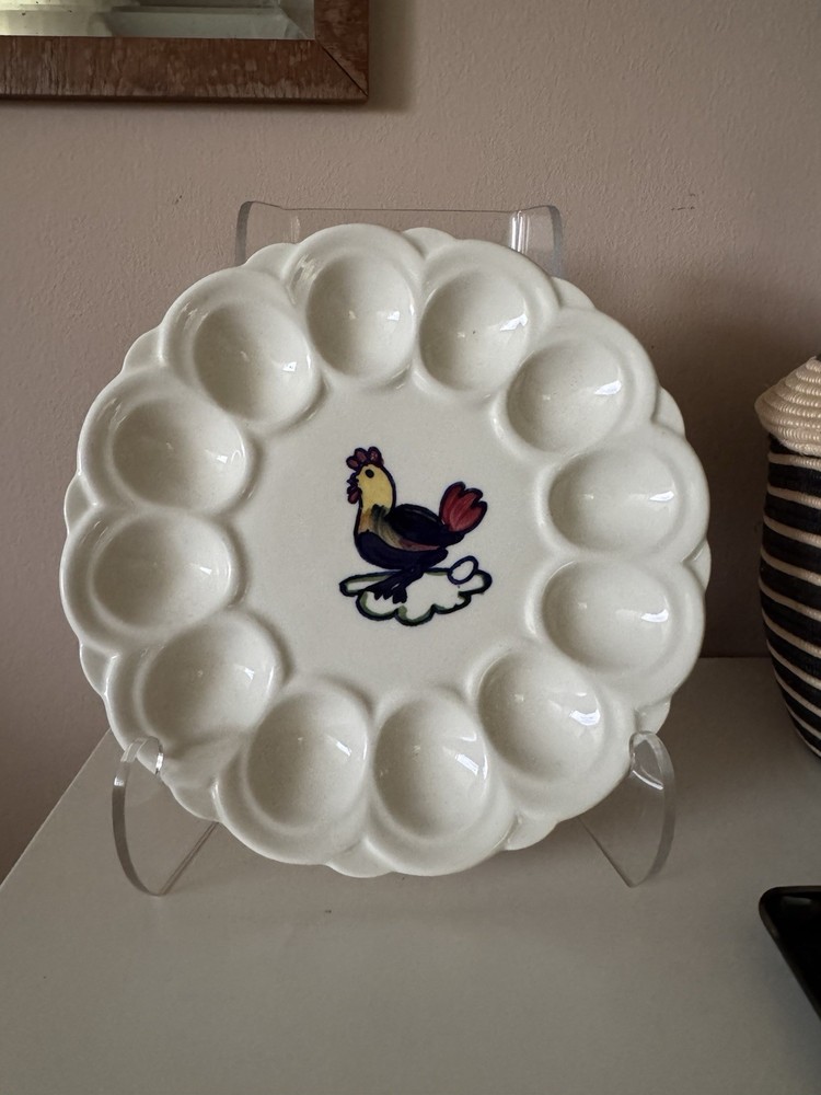 Mid Century Ceramic Painted Chicken / Rooster Deviled Egg Plate, Marked With PV