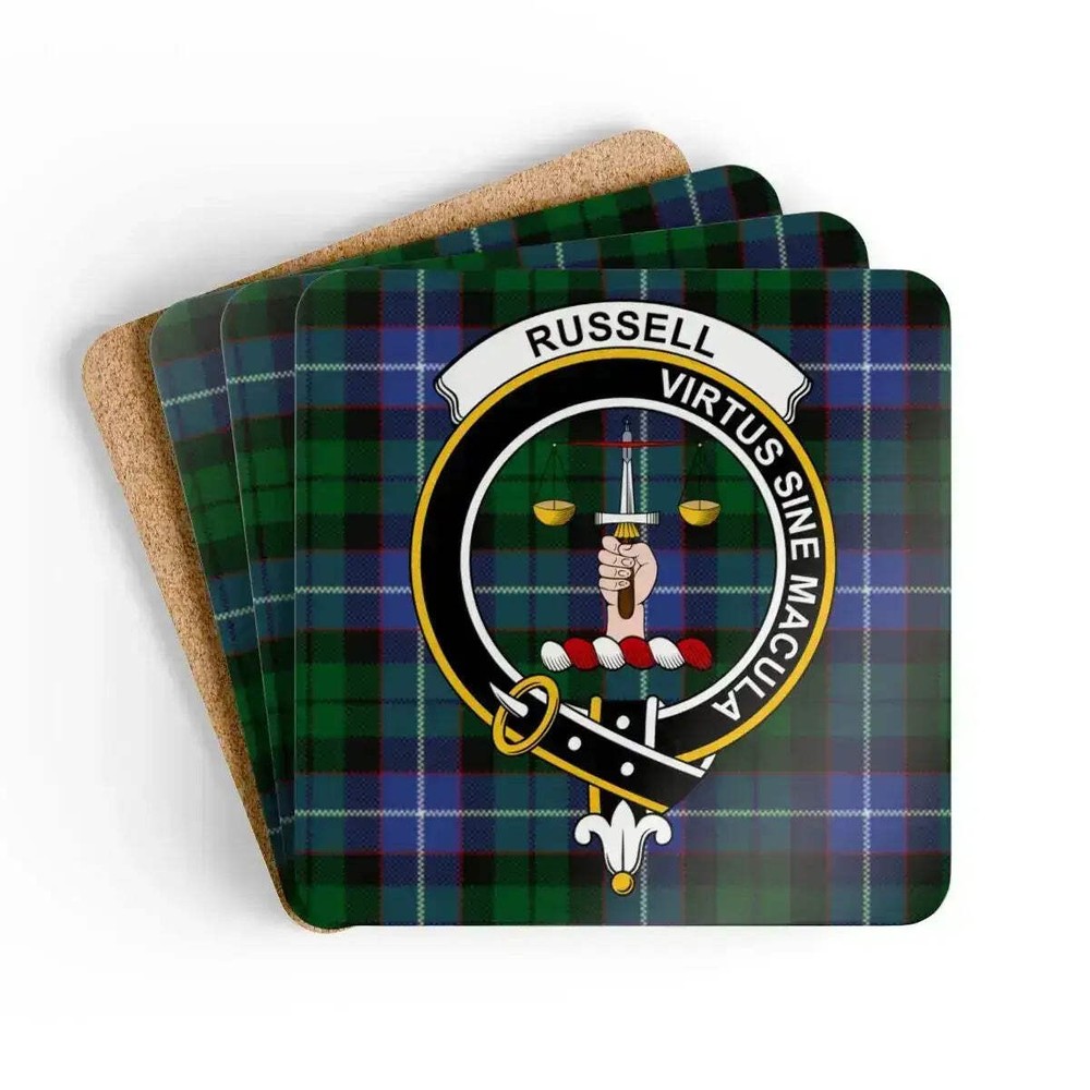 Russell Clan Crest Scottish Tartan Coaster Set
