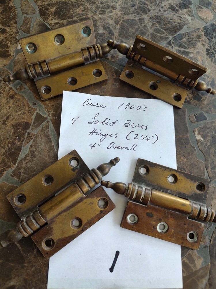 (4) Circa 1960s Solid Brass Ornate Hinges- VINTAGE + RESTORED