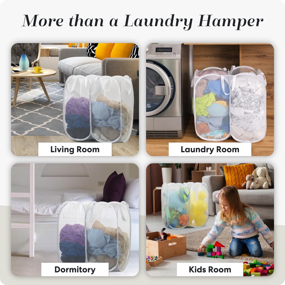 Handy Laundry Mesh Popup Hamper - Two Compartments, Double Hamper, White