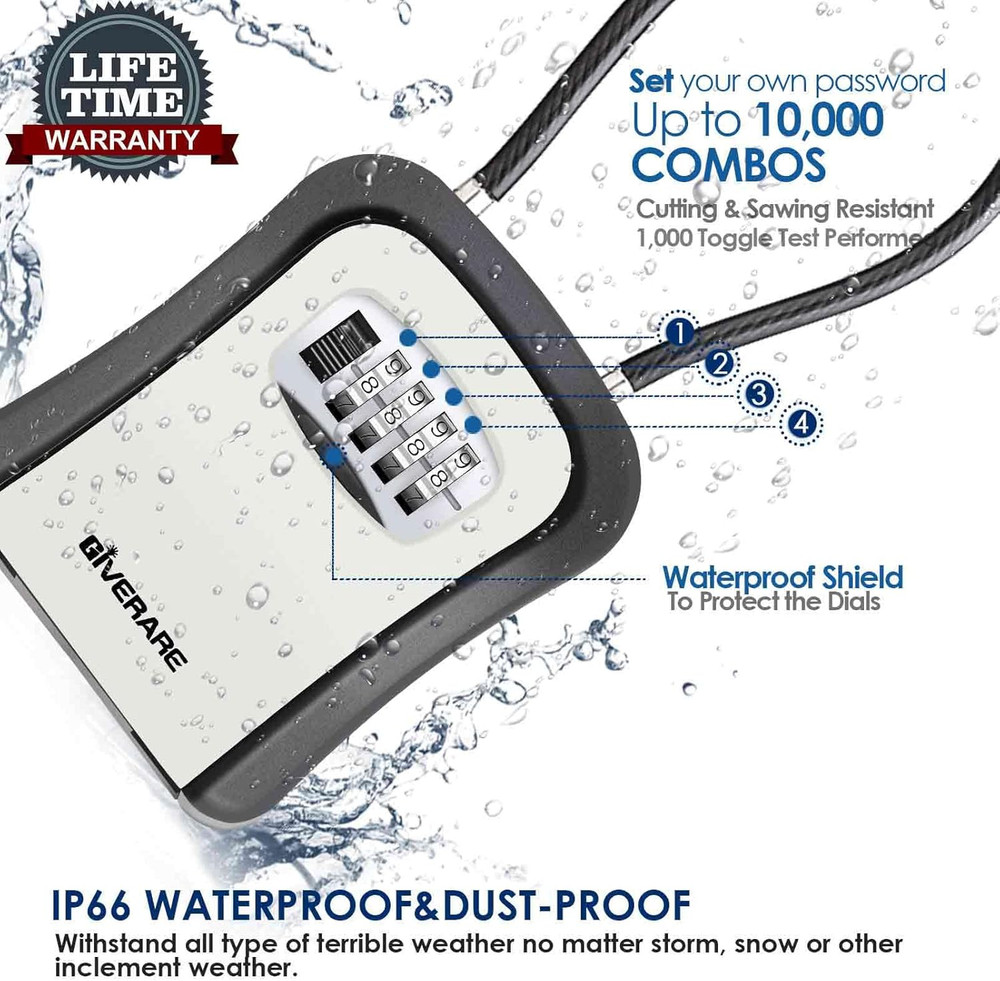 Key Lock Box, 4 Digits Combination Lockbox, Resettable Wall Mount Waterproof Out