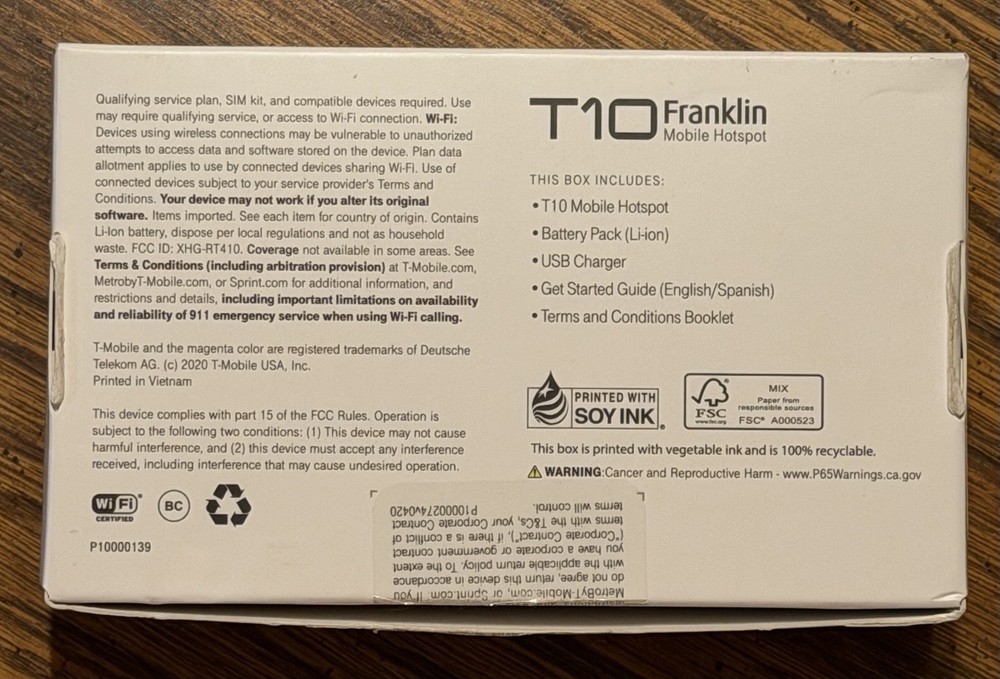 T-Mobile Franklin T10 mobile hotspot. Connects Devices Using Cellar Data.
