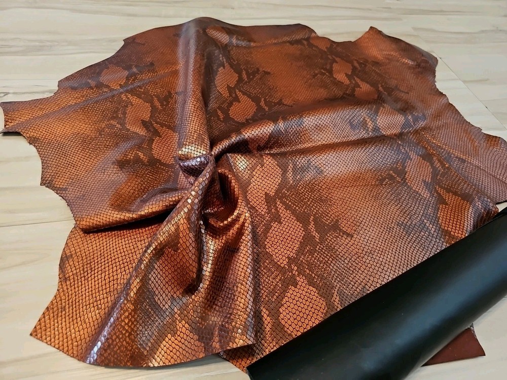RUST COPPER BROWN SNAKESKIN PRINT SHEEPSKIN LAMBSKIN LEATHER HIDE PANEL,SHEET