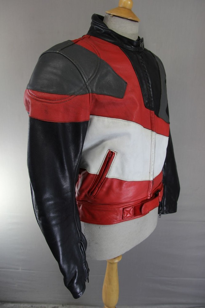 MQP BLACK, RED, WHITE & GREY LEATHER BIKER JACKET WITH BACK PROTECTOR: 42 INCHES