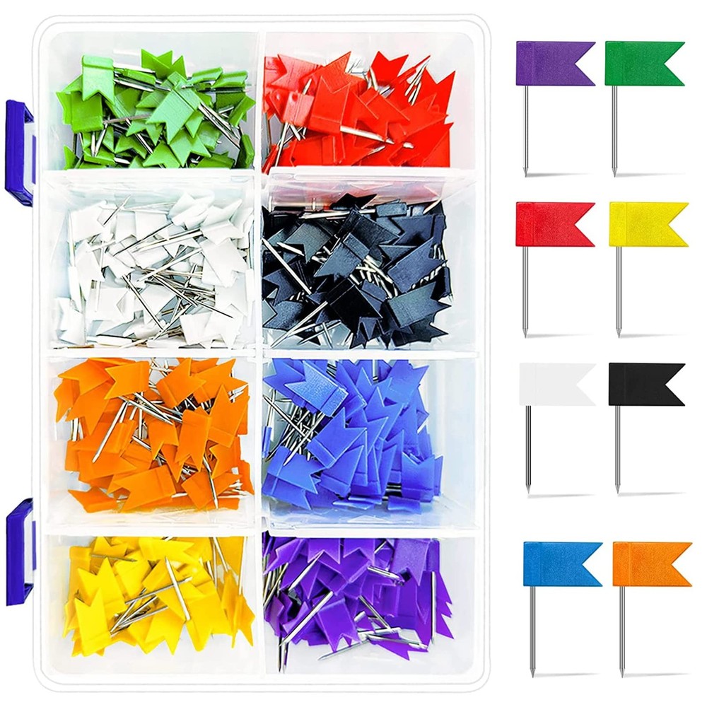 400 Pack Multicolored Flag Map Push Pins Plastic Head for Cork Board