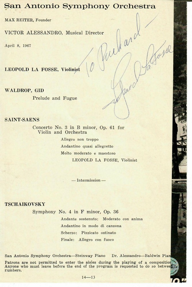 "Violinist" Leopold La Fosse Hand Signed Program