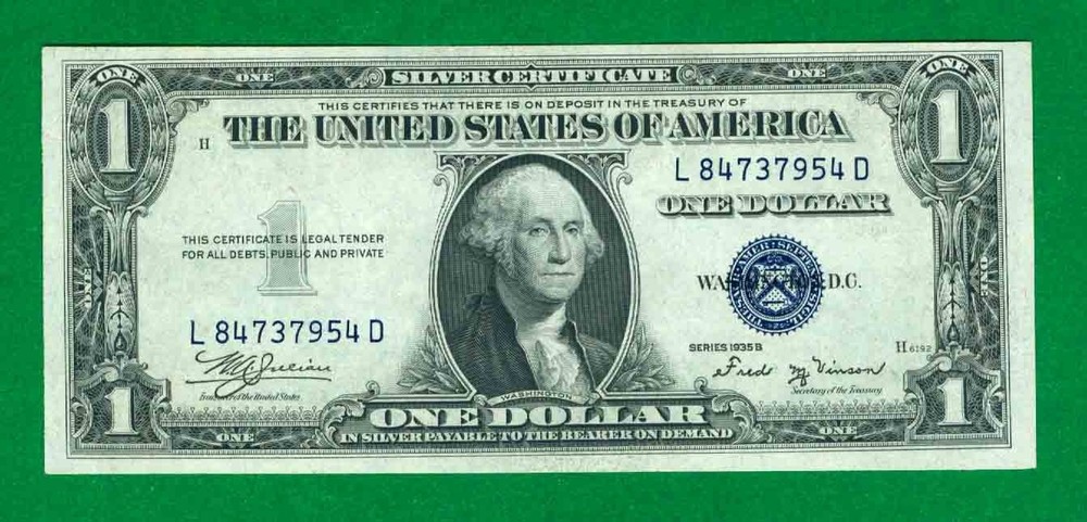 $1 1935-B 1 L/D BLOCK BLUE SEAL SILVER CERTIFICATE CU.