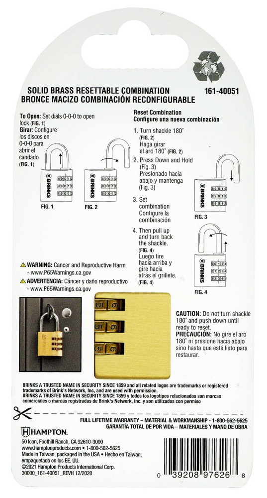 Brink's COMBO 3-DIAL COMBINATION RESETTABLE PADLOCK 40mm SOLID BRASS Weather-Res