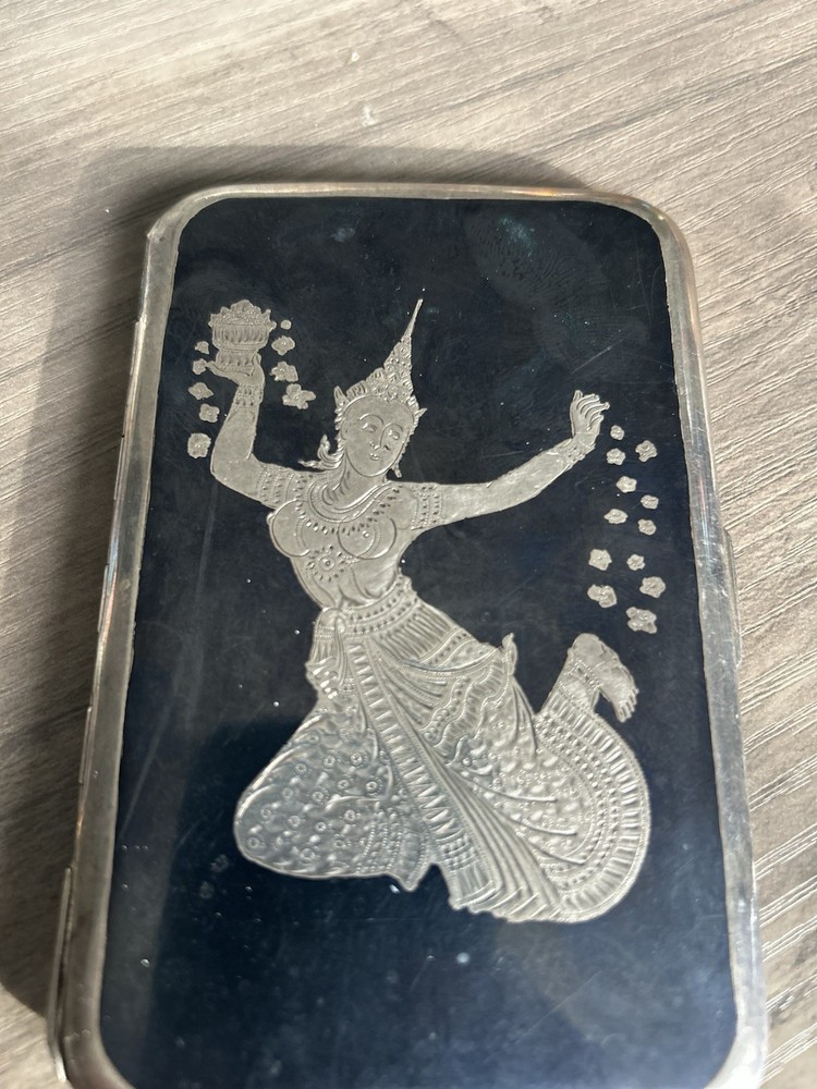 Antique Thai Niello Silver Cigarette Case – Hand-Engraved Dancing Figure