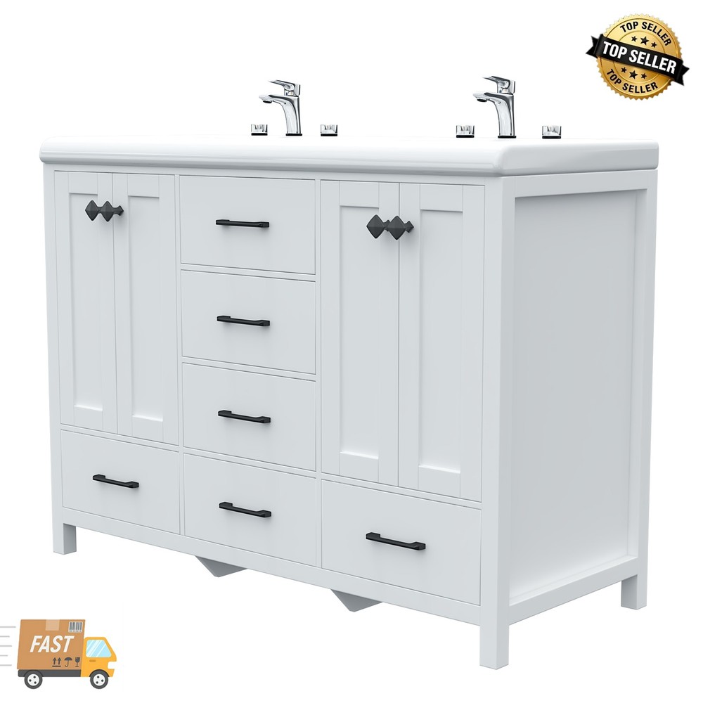Modern 47.3" Bathroom Vanity Cabinet Double Ceramic Sinks Freestanding Storage