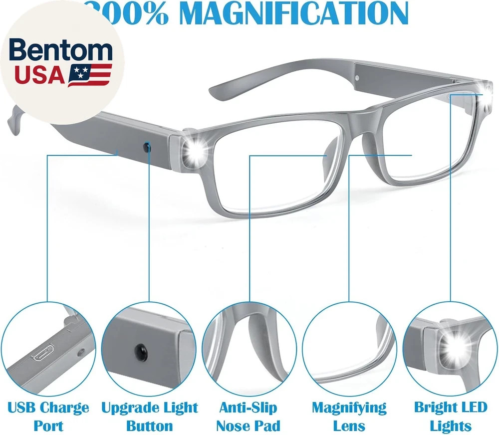 200% Magnifying Glasses with Light,Usb Rechargeable LED Lighted Magnifying Eyewe