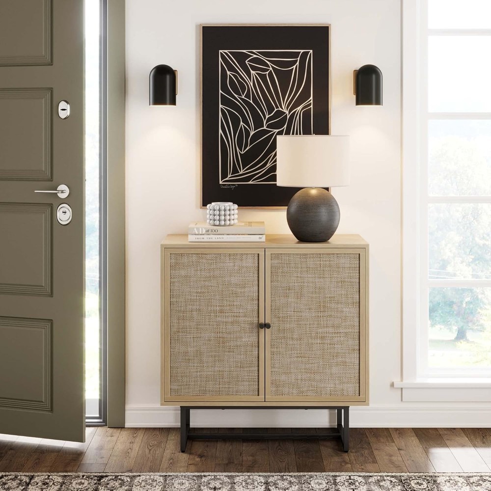 Mid-Century Modern Sideboard in Light Oak & Cane Doors, 2 Adjustable Shelves