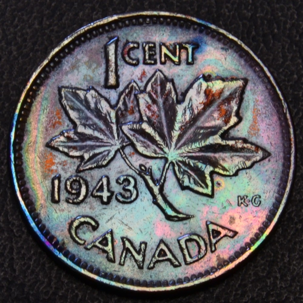 1943 Canada one cent rainbow toning high luster (L23-5)