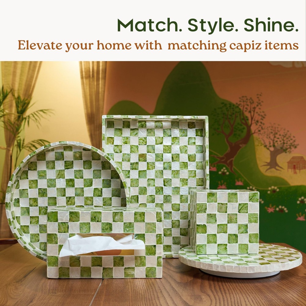 Rectangle Checkered Tissue Box Cover Handmade with Capiz Shells, Decorative T...
