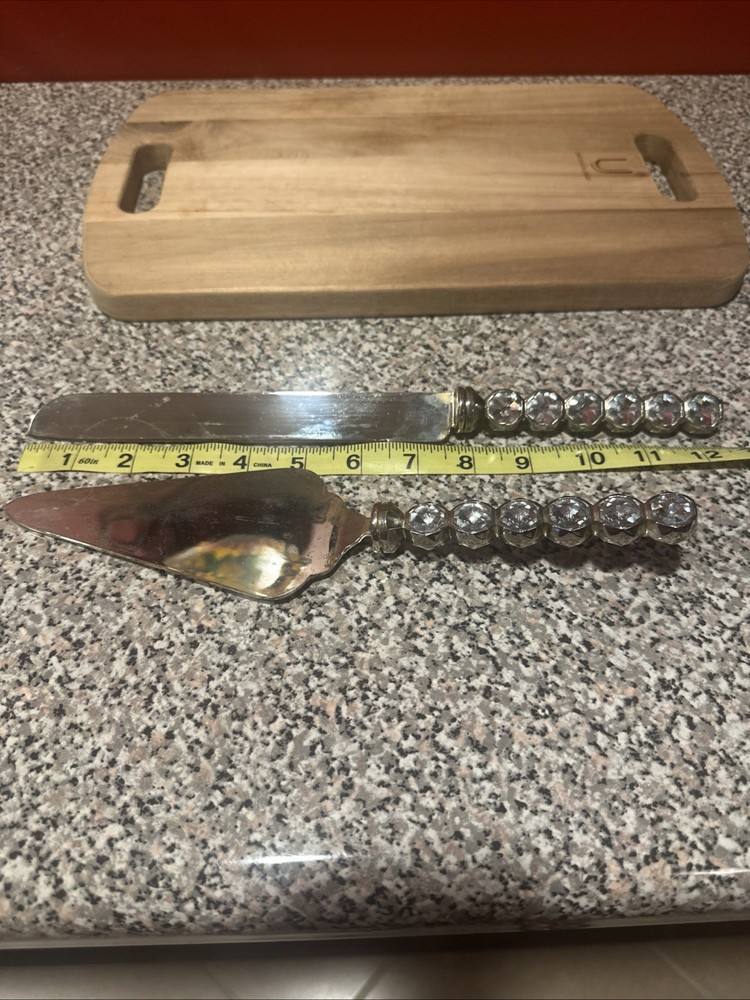 Wedding Cake Knife Server Set Clear Stone And Silver Color