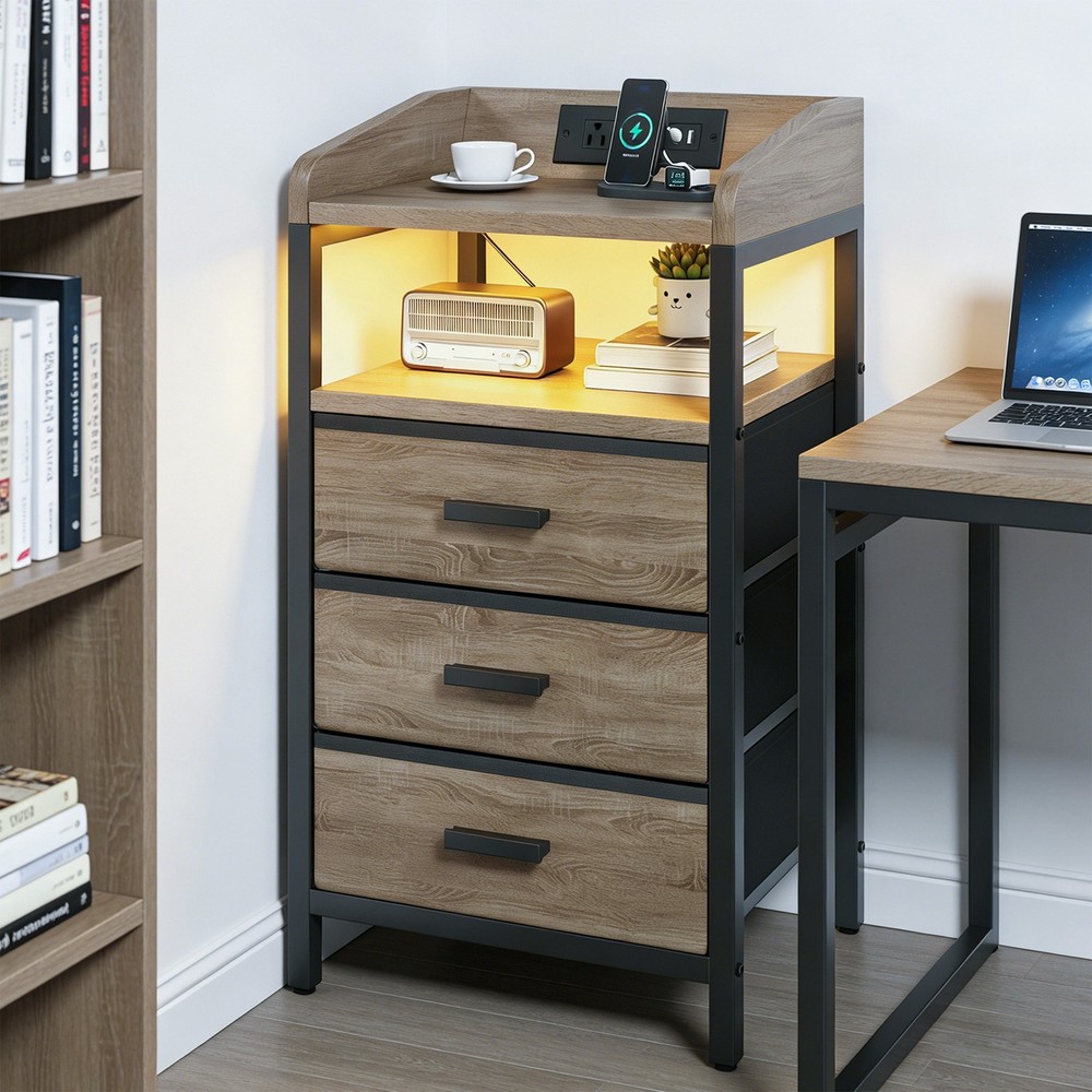 2 Pack Night Stand With Charging Station And Light Bedside End Table ༝