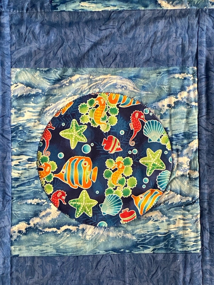 Handmade Quilted Square Table Topper 2008 Ocean Beach Theme Shells Fish Boats