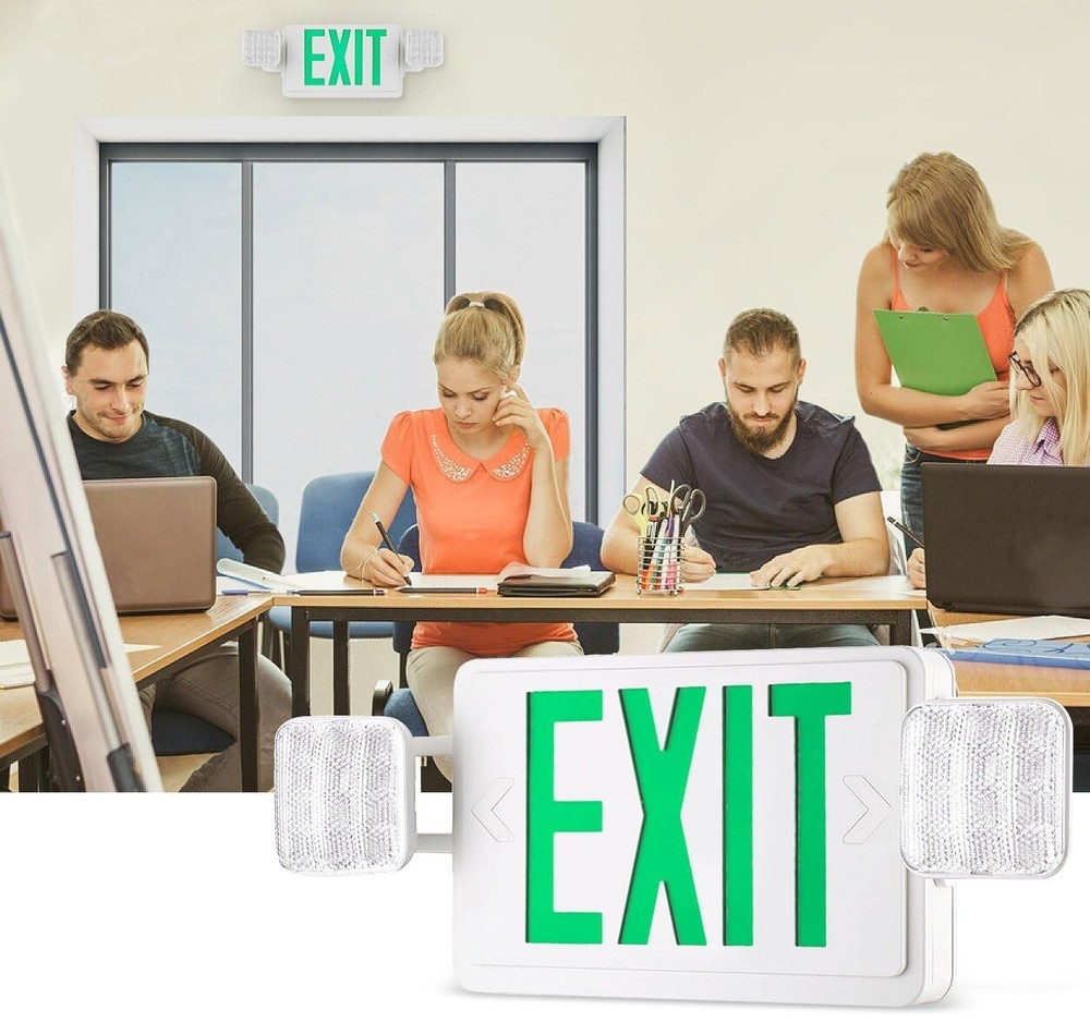 Two Adjustable LED Green Emergency Exit Lights w/ Battery Backup wall or ceiling