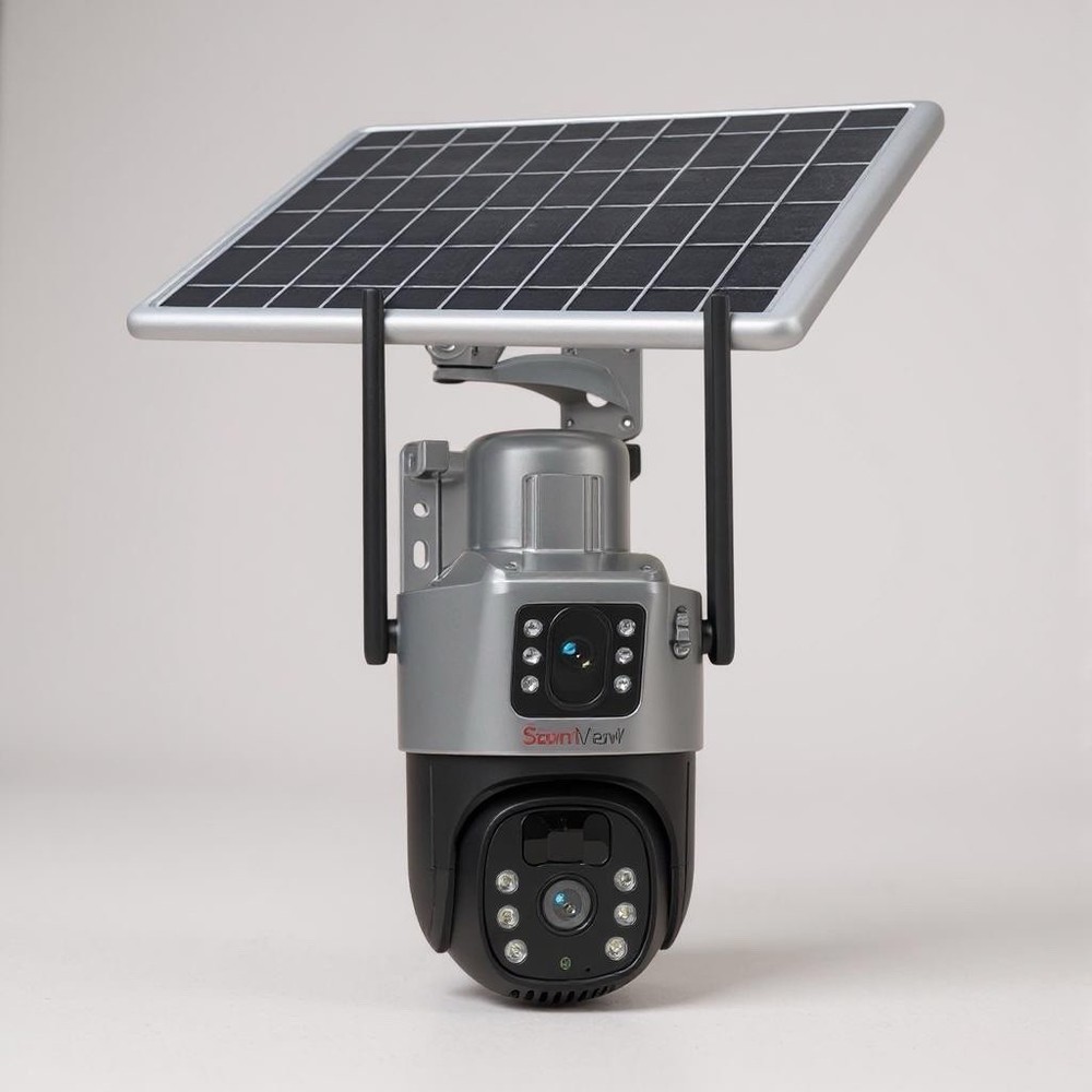 A solar-powered, dual-lens WiFi security camera with 360° PTZ coverage