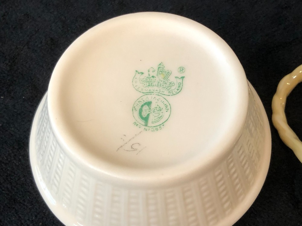 Belleek Sugar & Creamer Cleary Pattern Cob Luster, Green Stamp