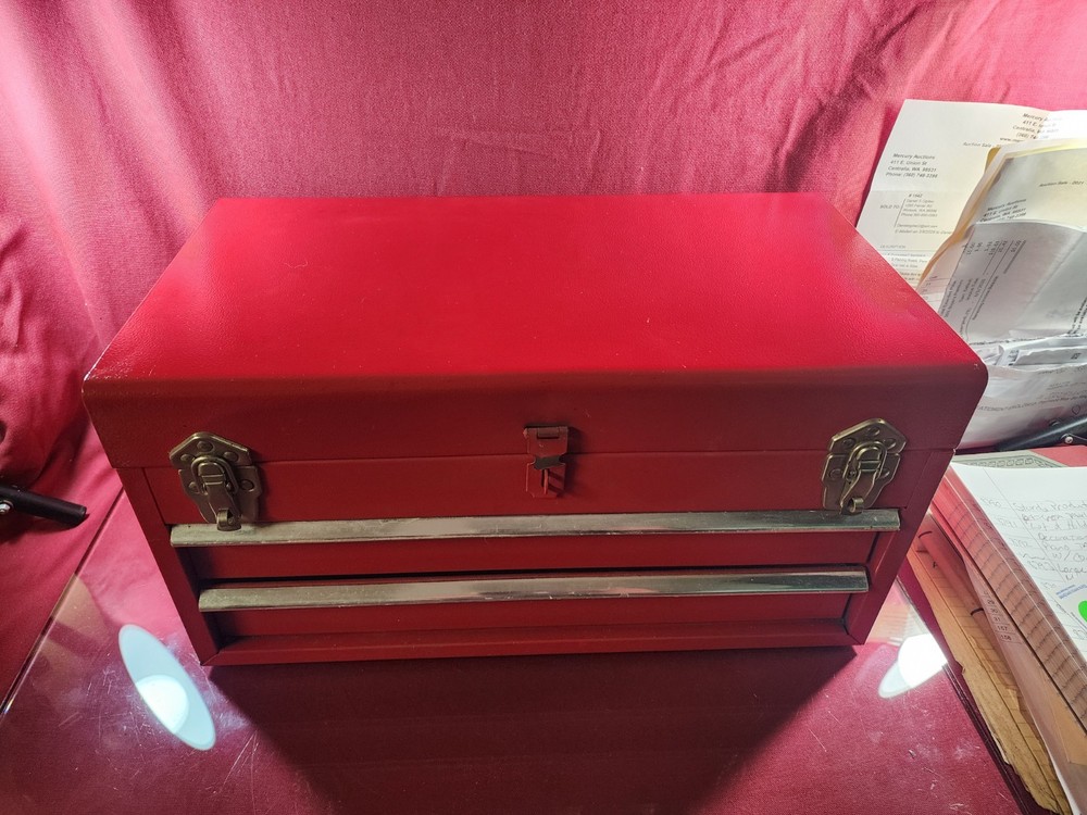 Red Metal 2 Drawer Toolbox With Tools 17"×9"×9"