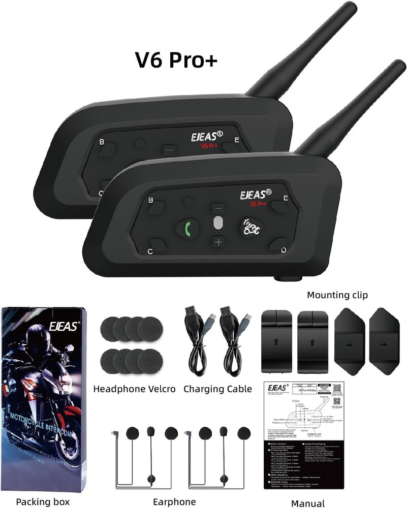 EJEAS V6 Pro+ Motorcycle Helmet Bluetooth 5.1 Intercom Headset, USB-C, 2 Pack