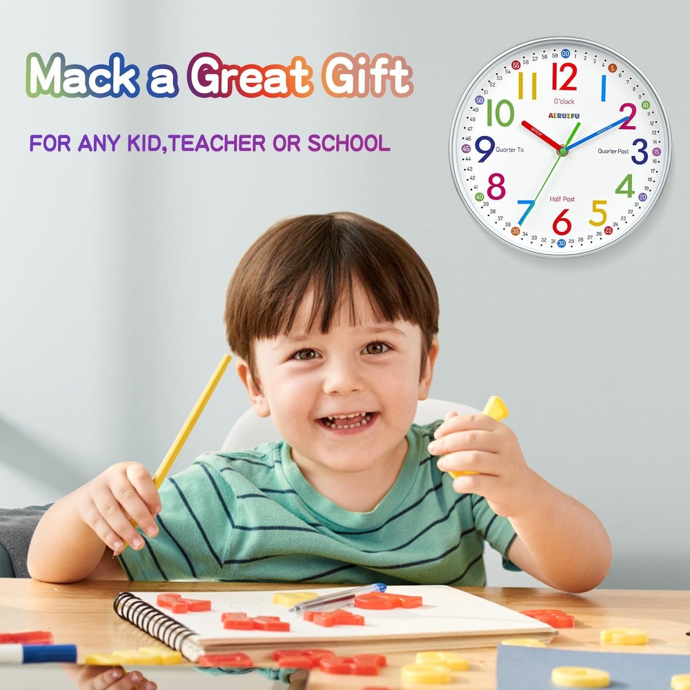 Kids Learning Clock Silent Analog Wall Clock Teaching Time Classroom