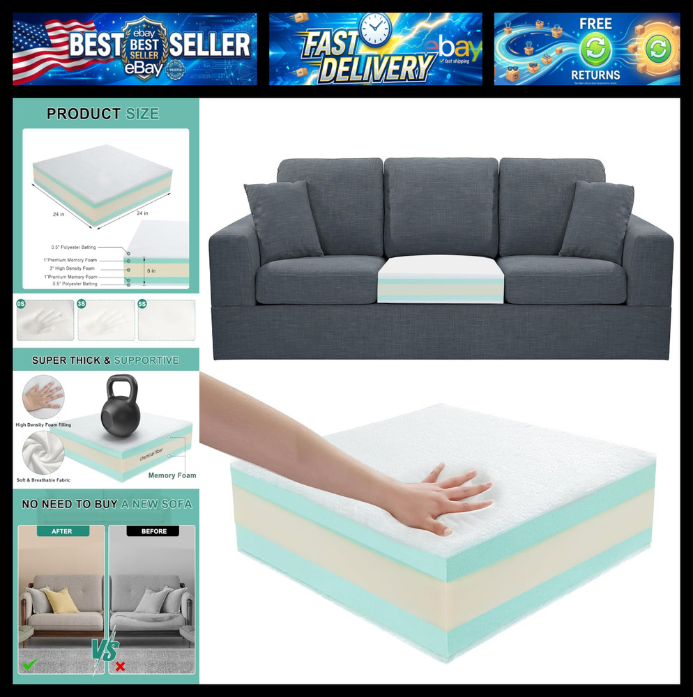 FOUXTEL Extra Thickness 5 Layer Couch Cushion Replacement, 24"x24"x6" Sofa Cushi