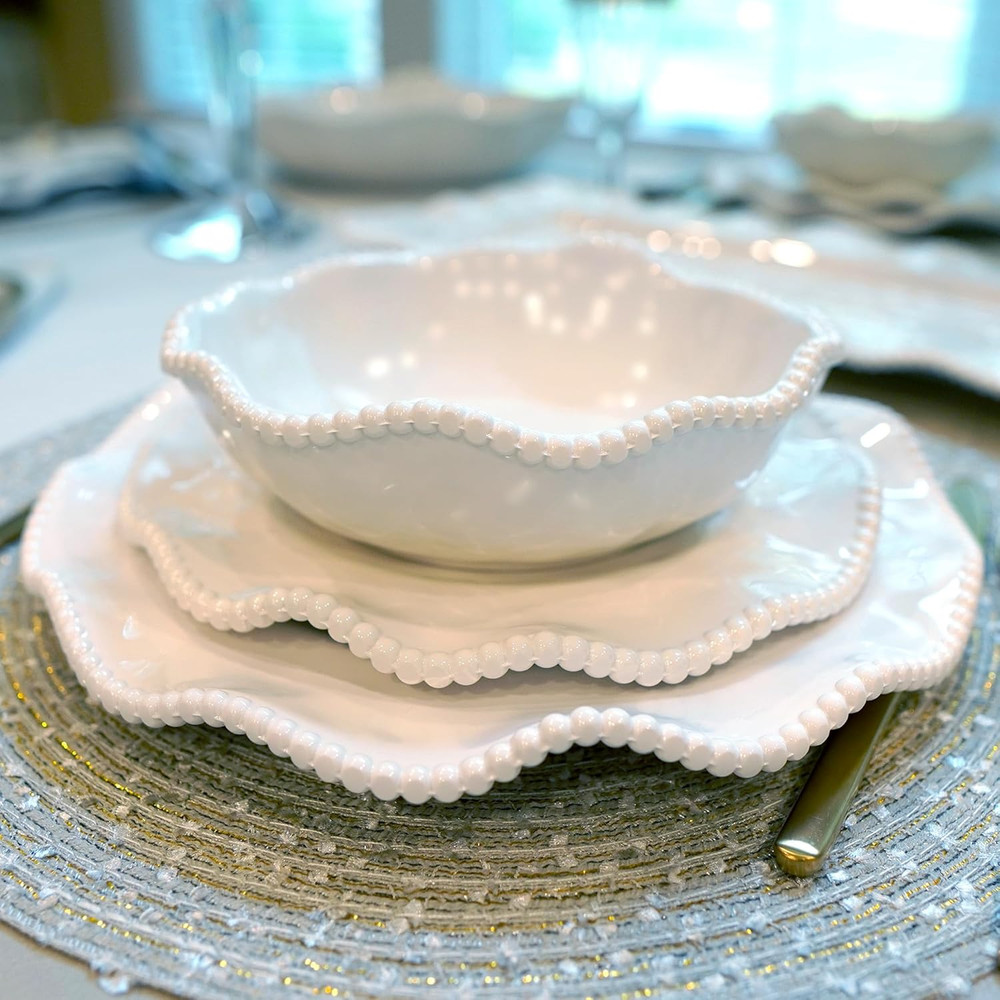 Perlette Off-White Beaded 12-Piece Dinnerware Set – Includes 4 Dinner Plates, 4