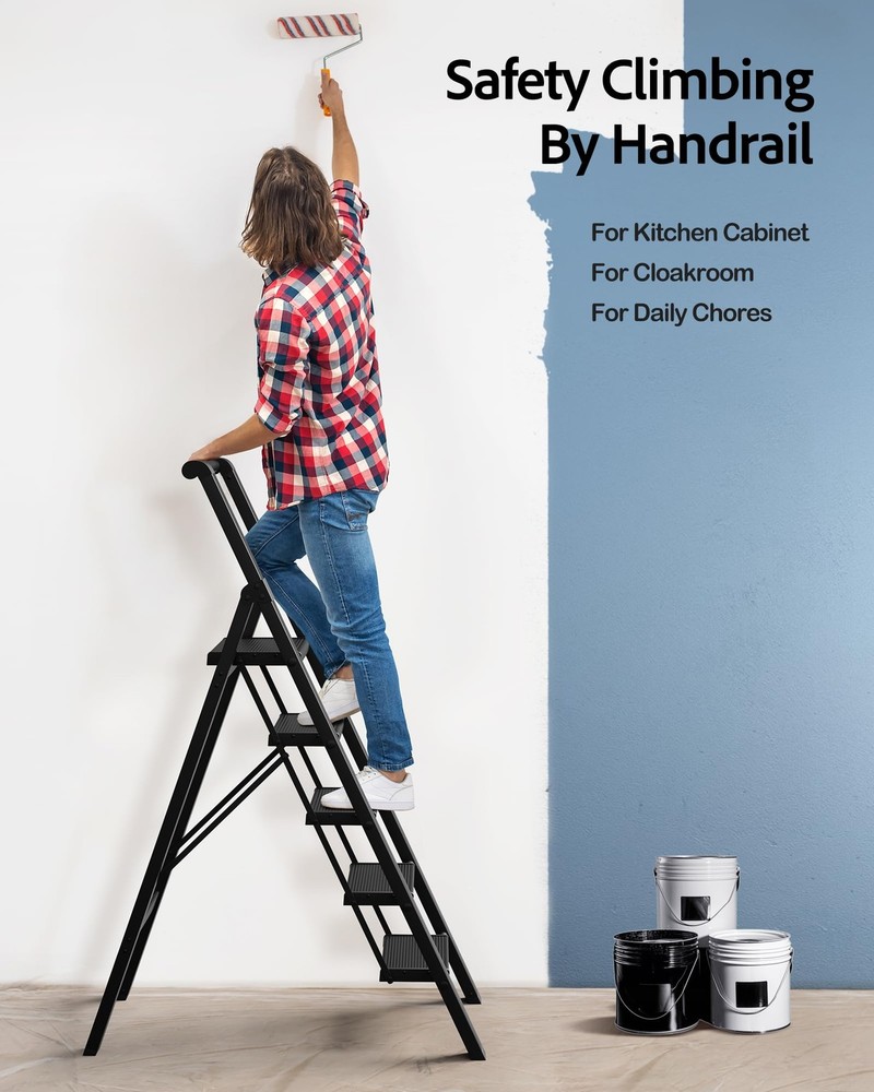 5 Step Ladder, Lightweight Folding Step Stool withConvenient Handgrip,Aluminu...
