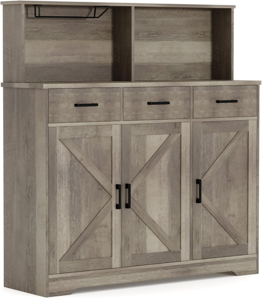 Farmhouse Buffet Sideboard with Microwave Stand & Barn Doors, Grey