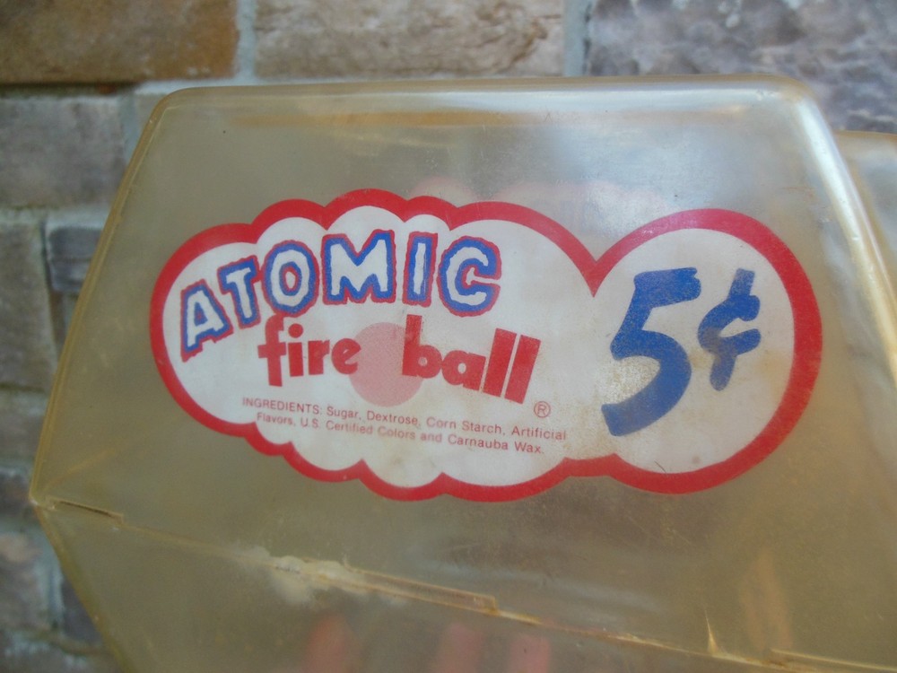 Vintage Ferrara Pan Candy Atomic Fire Ball Plastic Canister Container Jar