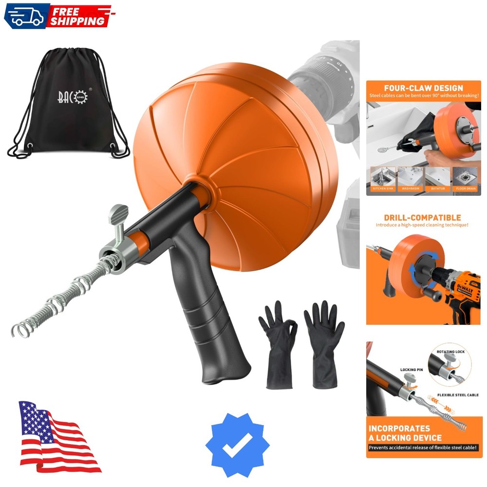 50Ft Drain Auger, Heavy Duty Plumbing Snake with Drill Adapter, Use Manually ...