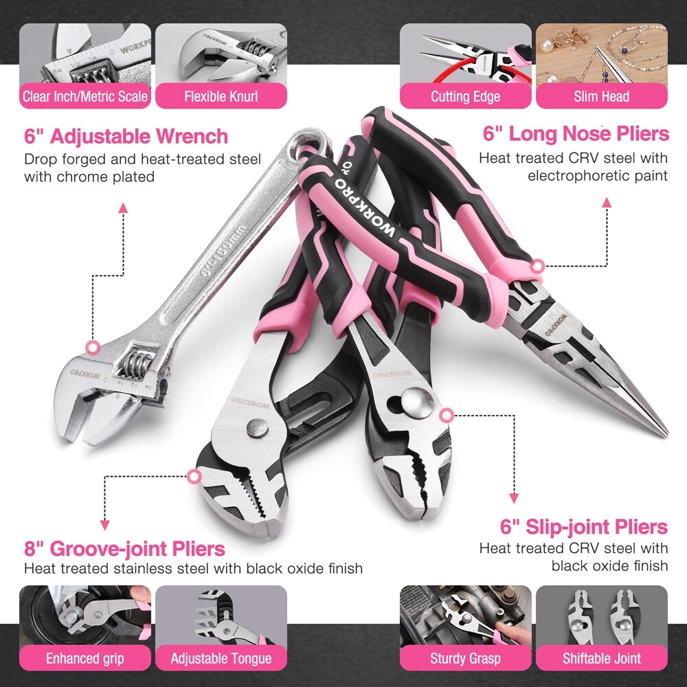 WORKPRO 8V Pink Cordless Drill Driver 43PCS Tool Set Lithium-ion Power Drill Bit