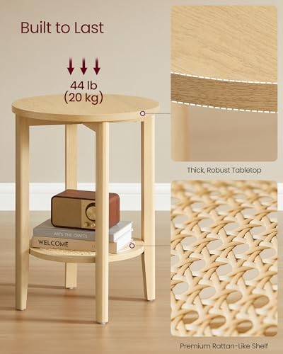 Round Side End Table, 2-Tier Bedside Table 15.8"Dia. x 21.9"H Oak Beige Boho