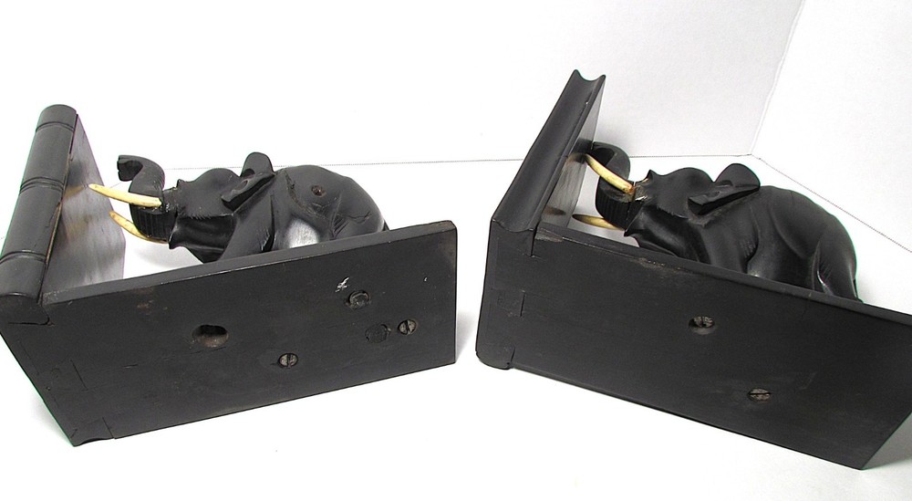 VINTAGE CARVED EBONY ELEPHANT BOOKENDS 7X8X4"